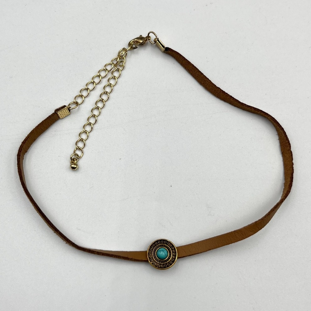 Vintage Boho Brown Faux Leather Choker Necklace Turquoise Stone Gold Tone 80s - Picture 3 of 9